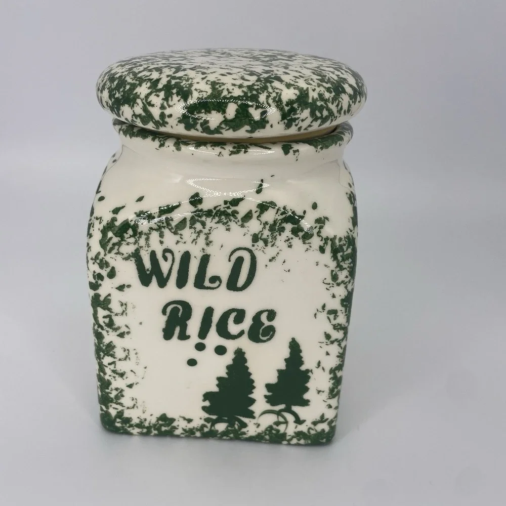 Wild Rice Pottery Canister With Lid Cream Ceramic Green Sponge-ware Unbranded
